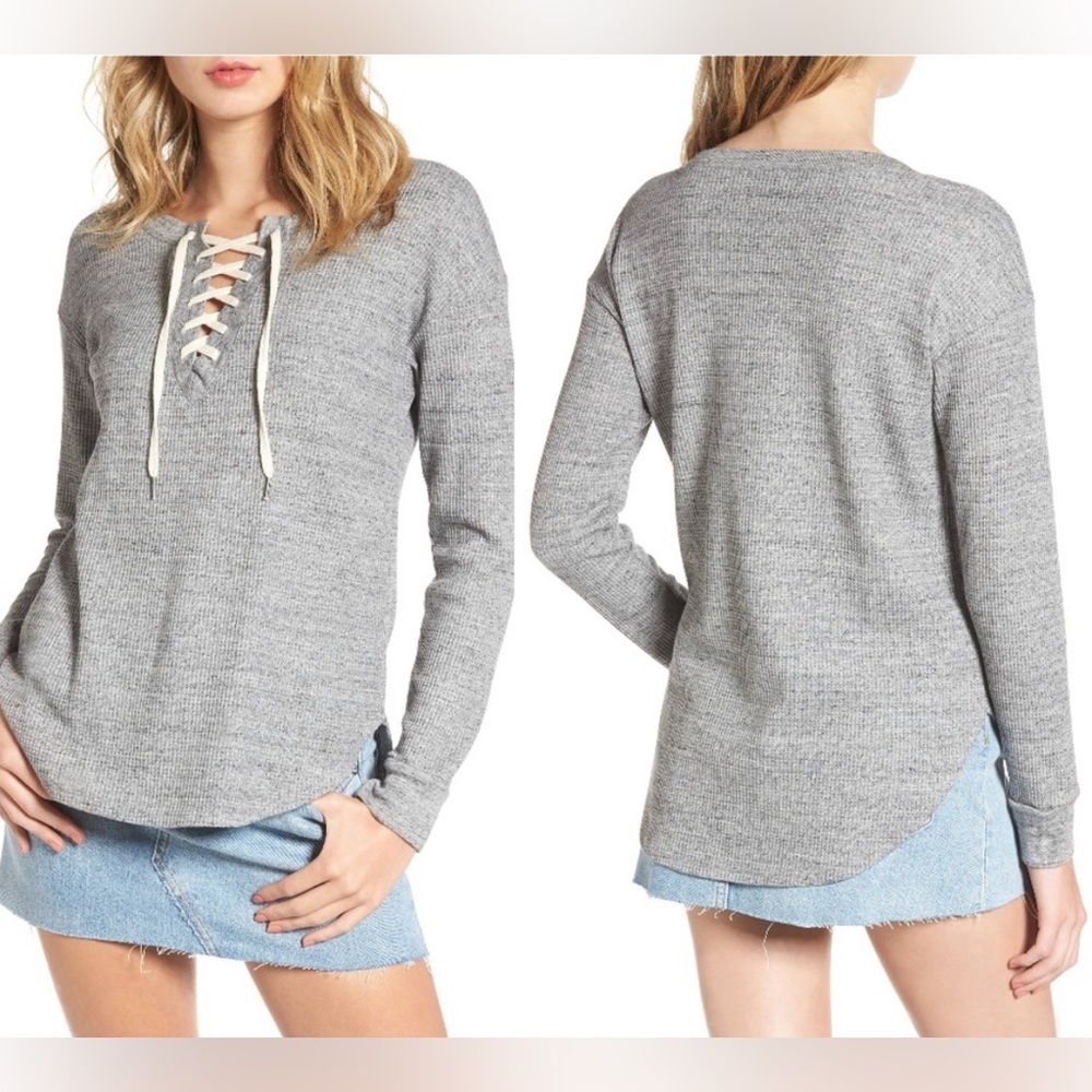 Splendid Lace-Up Waffle Knit long sleeve top shirt. Heather Gray. Size XS